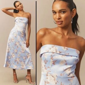 NEW BHLDN Soma Strapless Stretch-Satin Fit & Flare Midi Dress Sky Blue Floral 6